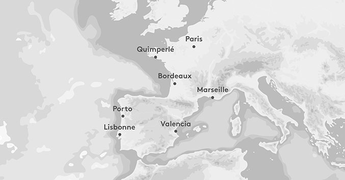 CoBe - Mapa de la sucursal - París Burdeos Marsella Oporto Lisboa